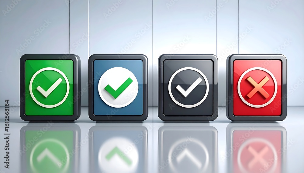 Wall mural four glossy square buttons displaying checkmarks and an 'x' against a reflective surface and simple 