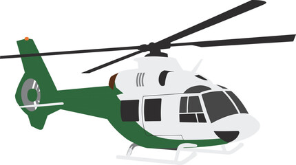 Flat vector illustration of green and white rescue helicopter with landing skids and rotating blades, isolated modern aviation aircraft design