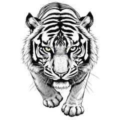 Realistic Black-and-White Tiger Illustration in Prowling Stance with Intense Gaze and Intricate Striped Fur Detailing