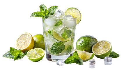 Fototapeta premium A refreshing mojito cocktail with mint, lime, and ice, surrounded by fresh citrus fruits isolated on transparent background