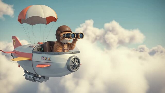 Cat in a Zeppelin with Binoculars Above the Clouds