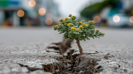 Tiny green plant growing through cracked concrete, symbolizing hope and natural resilience.