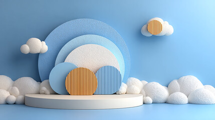 Playful pastel 3D cloud podium with geometric shapes and soft textures for product presentation.