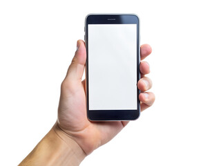 A persons hand is holding a modern smartphone with a blank white screen, isolated on a transparent background