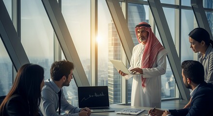 A diverse group of professionals listens attentively as a man in traditional Middle Eastern attire presents a business proposal during a meeting in a modern skyscraper .