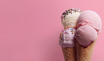 Closeup of four colorful ice cream cones with assorted flavors and vibrant sprinkles topping, arranged on soft pink background with ample copy space for text or design