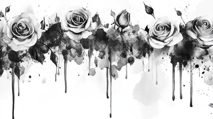 Elegant monochrome watercolor rose border with artistic ink drips and grunge texture overlay, high contrast black and white floral design.