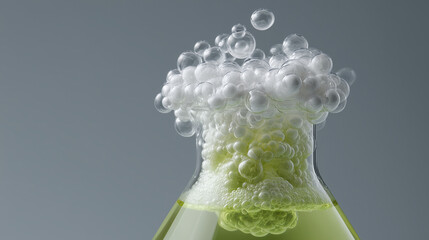 Bubbling chemical reaction is captured in laboratory flask, showcasing vibrant green liquid and numerous white bubbles. This evokes sense of scientific discovery and experimentation