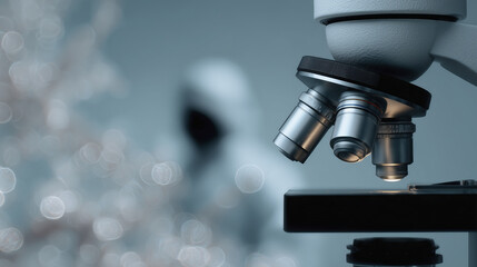 Close up view of modern microscope with multiple lenses, showcasing intricate details and blurred background that suggests laboratory environment. image conveys sense of scientific exploration