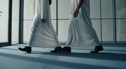 Two individuals in flowing white robes walk purposefully through a modern glass building, their footsteps echoing softly on the polished floor.