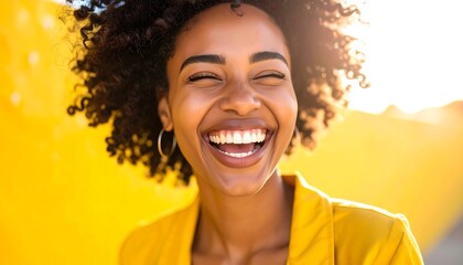 Joyful woman laughs outdoors