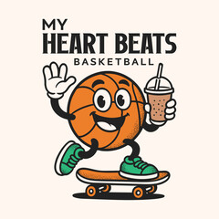 Basketball cartoon character on skateboard vector illustration, street wear t shirt design