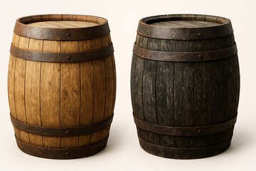 Fototapeta premium Two wooden barrels, one light oak and one dark, stand side-by-side against a soft white backdrop emphasizing their