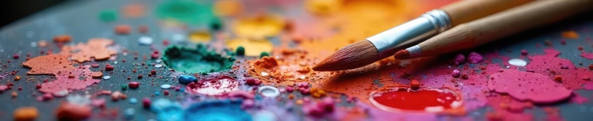 Fototapeta premium Close up of paintbrushes and a palette overflowing with vibrant, mixed colors, reflecting an artistic expression of love and passion , fine art, brushes