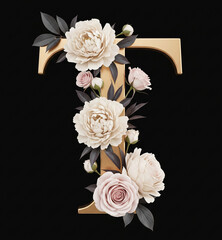 The letter T features a matte gold design.
Decorated with white and cream flowers, such as roses and peonies, trailing down the stem of the letter. This creates a feminine, elegant, and romantic feel.