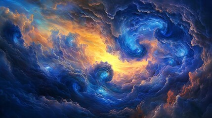 Celestial cloudscape swirls in dreamlike vortex of blues golds with ethereal light for surreal sky atmosphere cosmic wonder concept.
