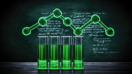 Green Liquid in Test Tubes with Molecule Above Scientific Illustration