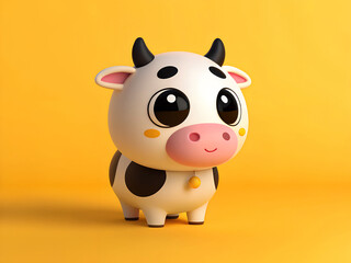 Cute cartoon cow with big eyes and pink cheeks on a yellow background
