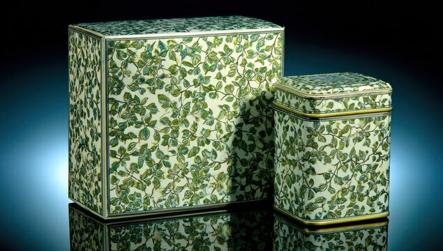 Two decorative rectangular boxes sit angled, smaller one to the right, featuring a light green leaf pattern on a cream base. Silver edging highlights their form against a dark gradient background