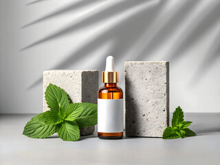 Natural skincare serum bottle with fresh mint leaves and textured stone pedestals
