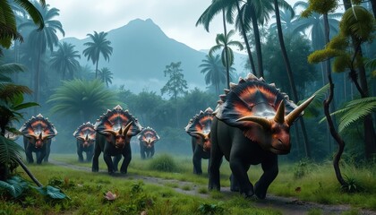 Herd of triceratops walking through a misty primeval forest with towering ferns and volcanic mountains in the background