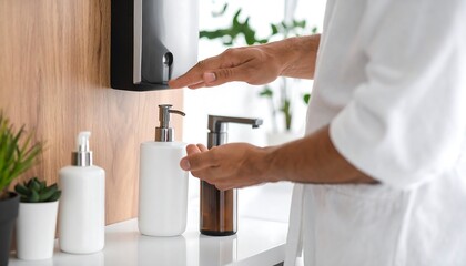 Man in bathrobe uses wall-mounted dispenser and hand soap