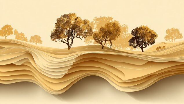 Layered landscape with sandy, textured dunes and scattered autumn-toned trees against a tan background. Warm color palette and stylized presentation