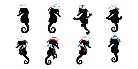 Stylized Seahorse Silhouettes Wearing Sailor Hats Isolated on White Background A Nautical Themed Vector Illustration