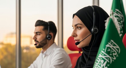 Two customer service representatives, a man and a woman wearing a hijab, work diligently at their desks in a modern setting.