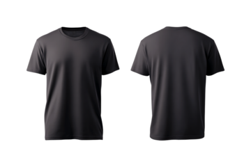 Two views of a plain dark gray short sleeve t shirt shown from the front and back isolated on transparent background
