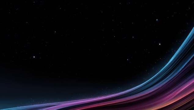 Starry sky above a flowing, colorful, luminous wave that stretches across the bottom right corner. Gradient hues of blue, purple, and orange. Soft lighting - Powered by Adobe