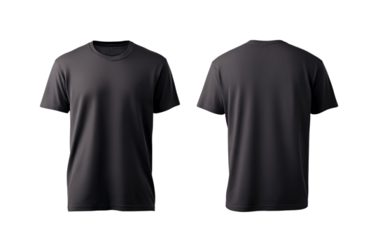 Two views of a plain dark gray short sleeve t shirt shown from the front and back isolated on transparent background