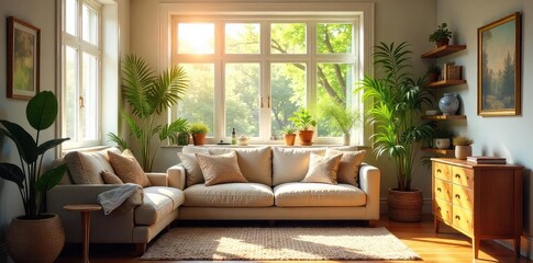 A cozy, sunlit living room with plants, books, and comfy furniture; a feeling of contentment and ease radiates from the scene, suggesting a home filled with joy and comfort , serenity, room