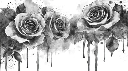 Elegant monochrome watercolor rose border with artistic ink drips and grunge texture overlay, high contrast black and white floral design.