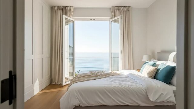 A bright, modern bedroom with an open balcony door offering a stunning view of the blue ocean and sky.