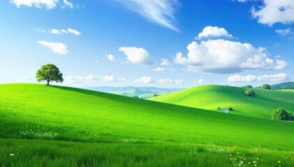 Obraz premium Serene landscape of rolling green hills under a vast blue sky, dotted with wildflowers and distant trees Perfect for nature, travel, and rural lifestyle projects , trees, outdoor