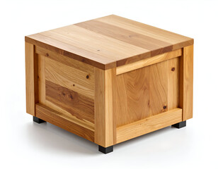 A modern cube-shaped coffee table crafted from solid wood with a rich, visible grain, isolated on a clean white background.