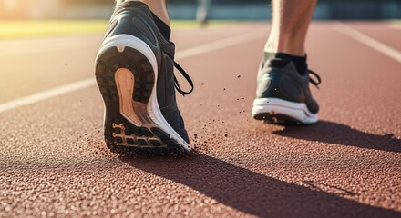 Running shoes on a track closeup view of feet during a race