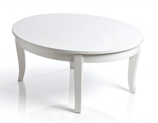 An elegant curved-edge white lacquer coffee table with classic legs, centered on a pristine white background for interior design concepts.