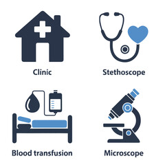 Illustration showing a clinic, stethoscope, blood transfusion, and microscope for medical representations