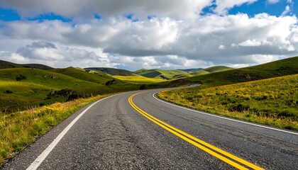 Fototapeta premium Scenic winding road through rolling green hills under a partly cloudy sky