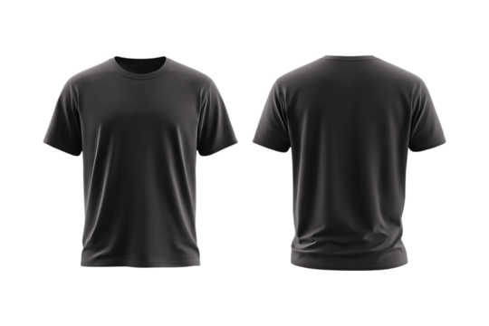 Realistic 3d render of a black short sleeve t shirt front and back views isolated on transparent background