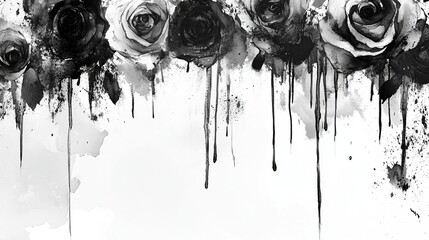 Elegant monochrome watercolor rose border with artistic ink drips and grunge texture overlay, high contrast black and white floral design.