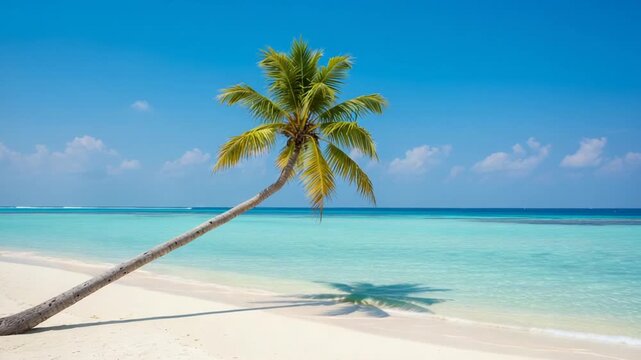 Tropical beach scene with palm tree and serene ocean