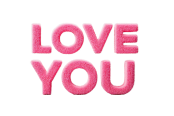 Pink Plush Love You Text on Transparent Background Romantic Message for Valentine's Day