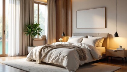 Serene bedroom interior with soft lighting, plush bedding, and calming decor Perfect for relaxation and peaceful sleep Muted tones create a tranquil atmosphere , relaxation, muted, minimalist