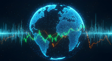 Abstract Glowing Blue Globe Surrounded by Financial Chart Overlays on Dark Background