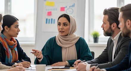 A diverse group of professionals, including a woman in a hijab, engages in a collaborative discussion around a table, showcasing a modern workplace environment.
