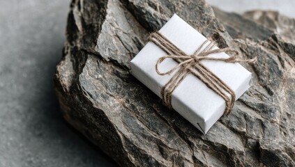 White gift box on a rock