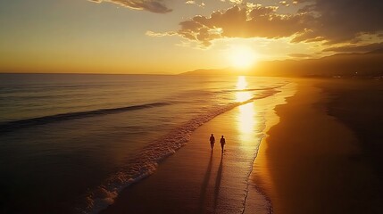 golden sunset stroll with couple walking on beach at sunset for romantic peaceful moment showcasing love light and natural harmony concept.